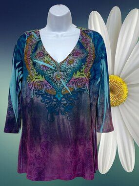 Live & Let Live-Women's Large Pullover Top Multi-Color V-Neck Rhinestone Design